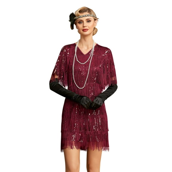 PrettyGuide Women's Flapper Dresses Tiered Long Fringed Sequin 1920s Great Gatsby Cocktail Dress with Sleeves