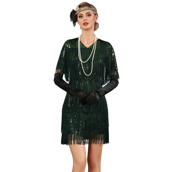 PrettyGuide Women's Flapper Dresses Tiered Long Fringed Sequin 1920s Great Gatsby Cocktail Dress with Sleeves