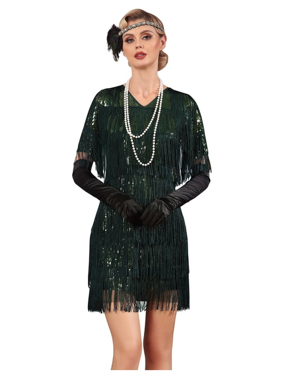 Women's Flapper Dresses Tiered Long Fringed Sequin 1920s Great Gatsby Cocktail Dress with Sleeves