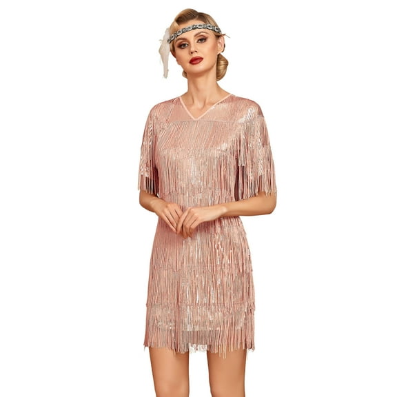 PrettyGuide Women's Flapper Dresses Tiered Long Fringed Sequin 1920s Great Gatsby Cocktail Dress with Sleeves