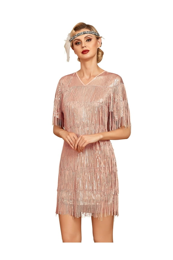 Women's Flapper Dresses Tiered Long Fringed Sequin 1920s Great Gatsby Cocktail Dress with Sleeves