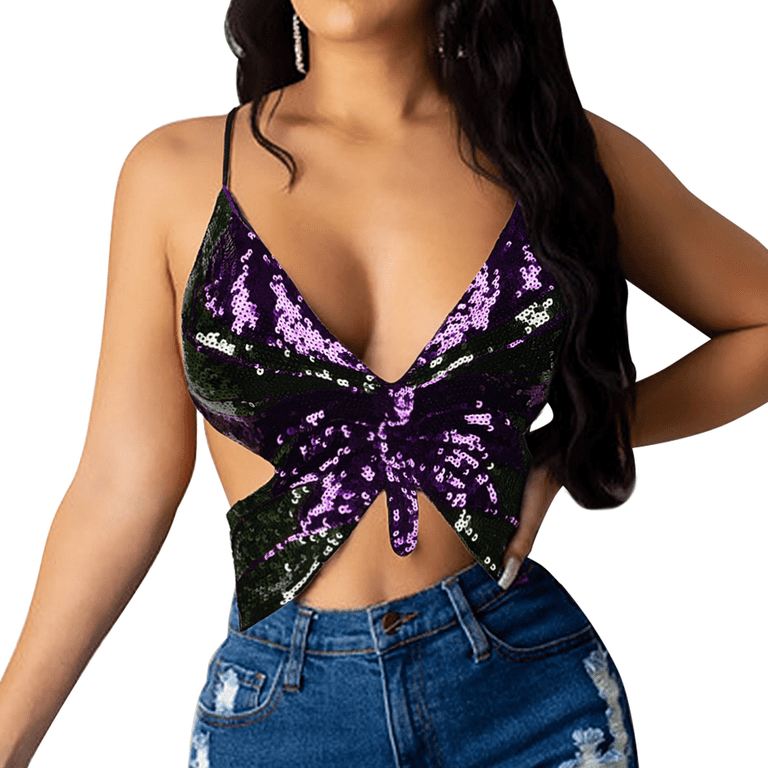 Y2k Butterfly Sequin Crop Top Women Summer Backless V Neck Sexy Club  Costume Outfits Festival Clothes New Bandage Bra Tops 2022