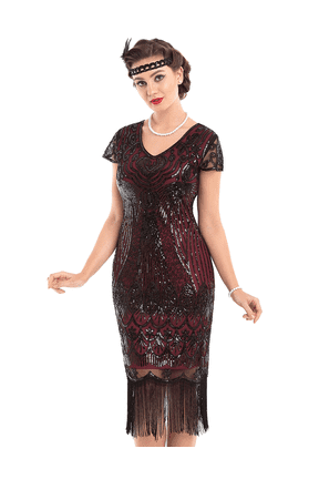 Women's Great Gatsby Dress 1920s Vintage Beaded Fringe Flapper Dress with Sleeve Cocktail Party, Large