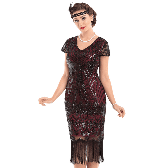PrettyGuide Women's Great Gatsby Dress 1920s Vintage Beaded Fringe Flapper Dress with Sleeve Cocktail Party, Large