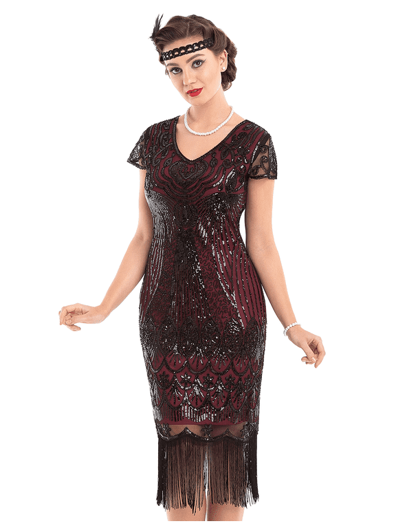 Women's Great Gatsby Dress 1920s Vintage Beaded Fringe Flapper Dress with Sleeve Cocktail Party, Large