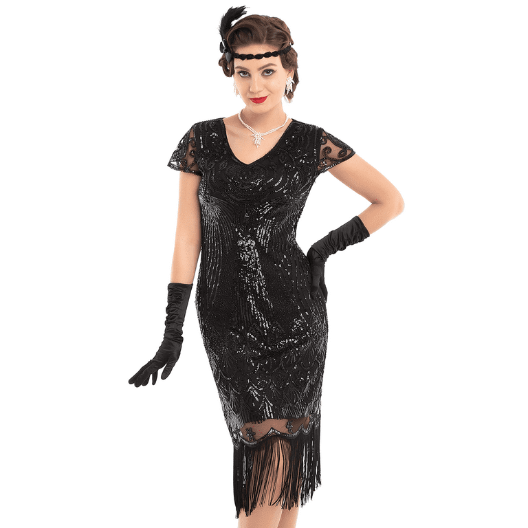 PrettyGuide Women s Great Gatsby Dress 1920s Vintage Beaded Fringe Flapper Dress with Sleeve Cocktail Party Large Walmart