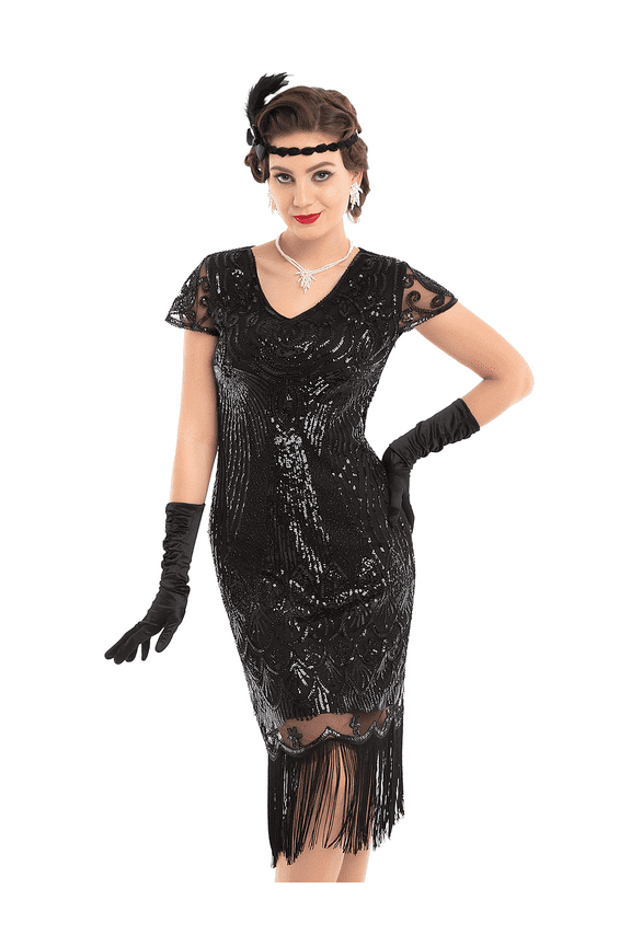 Women's Great Gatsby Dress 1920s Vintage Beaded Fringe Flapper Dress with Sleeve Cocktail Party, Medium