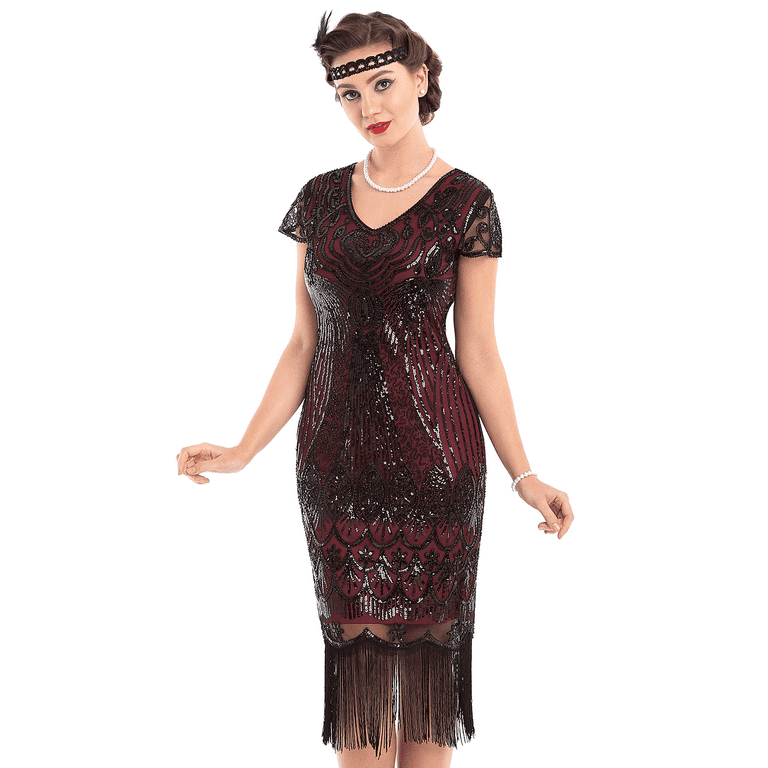 PrettyGuide Women s Great Gatsby Dress 1920s Vintage Beaded Fringe Flapper Dress with Sleeve Cocktail Party Small Walmart