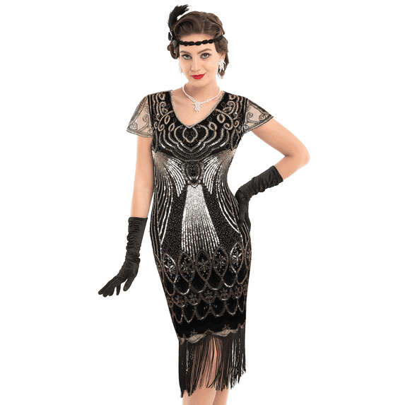PrettyGuide Women's Great Gatsby Dress 1920s Vintage Beaded Fringe Flapper Dress with Sleeve Cocktail Party, XX-Large