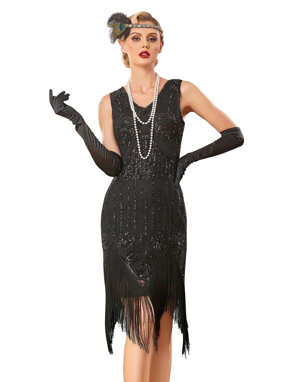PrettyGuide Women's Great Gatsby Dress V Neck Sequin Beaded Long Fringe ...