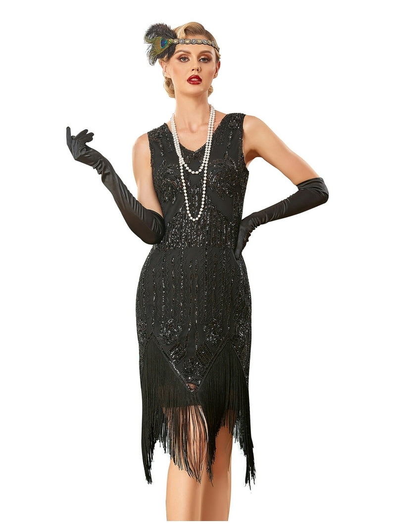PrettyGuide Women's Great Gatsby Dress V Neck Sequin Beaded Long