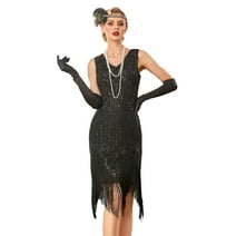 PrettyGuide Women's Great Gatsby Dress V Neck Sequin Beaded Long Fringe 20s Party 1920s Flapper Dress