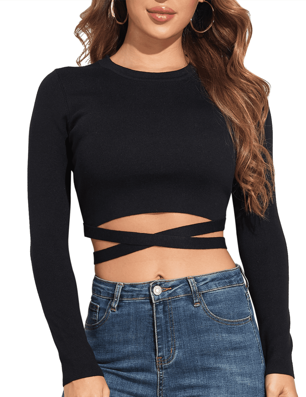PrettyGuide Women's Knit Cropped Top Long Sleeve Crisscross