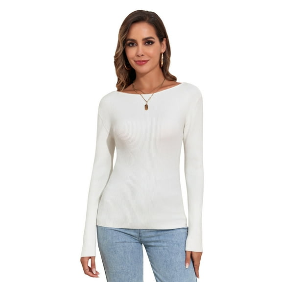 PrettyGuide Women's Long Sleeve Boat Neck Sweater Slim Fit Ribbed Knit Fall Pullover Tops