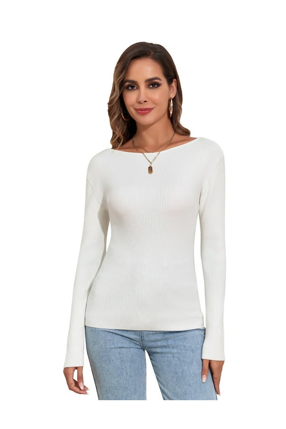 Women's Long Sleeve Boat Neck Sweater Slim Fit Ribbed Knit Fall Pullover Tops
