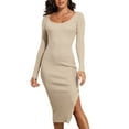 thumbnail image 1 of PrettyGuide Women's Midi Sweater Dress Scoop Neck Long Sleeve Slim Fit Slit Ribbed Knit Bodycon Fall Dress, 1 of 7