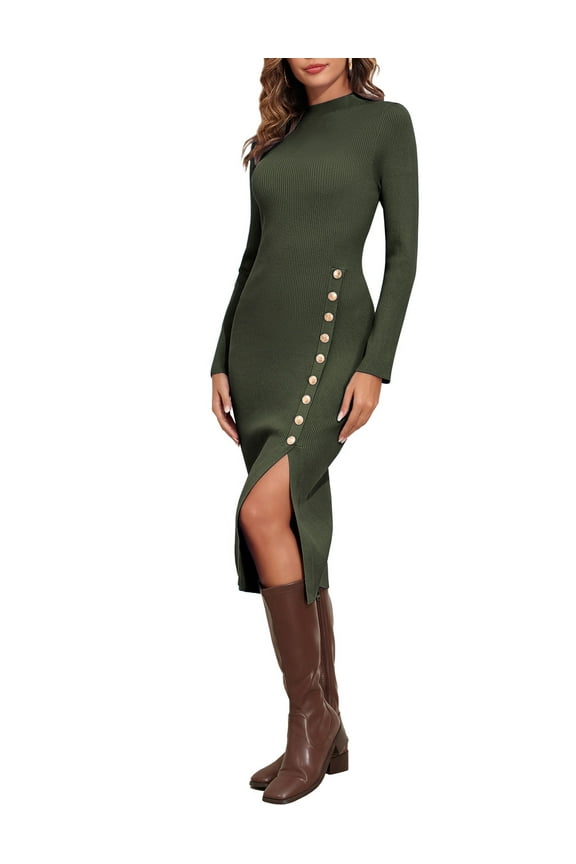 Women's Mock Neck Sweater Dress Long Sleeve Fall Winter Ribbed Knit Bodycon Slit Midi Dress with Button
