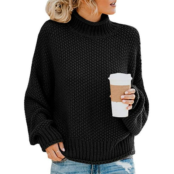 PrettyGuide Women's Mockneck Sweater Dolman Sleeve Oversized Cable Knit Pullover Sweater M Black