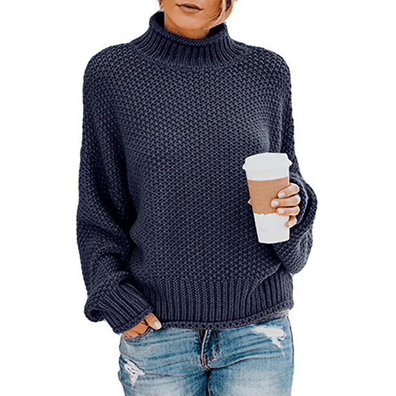 PrettyGuide Women's Oversized Sweater Batwing Sleeve Cable Knit Loose Chunky Turtleneck Sweater XL Navy