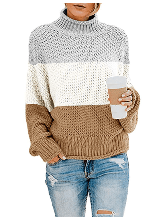 Women's Oversized Sweater Batwing Sleeve Loose Chunky Turtleneck Sweater XL Light Grey/White/Khaki