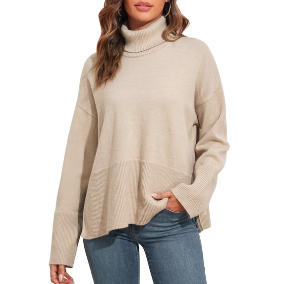 PrettyGuide Women's Oversized Turtleneck Sweaters Casual Long Sleeve Side Slit Knit Tunic Pullover Sweater Tops