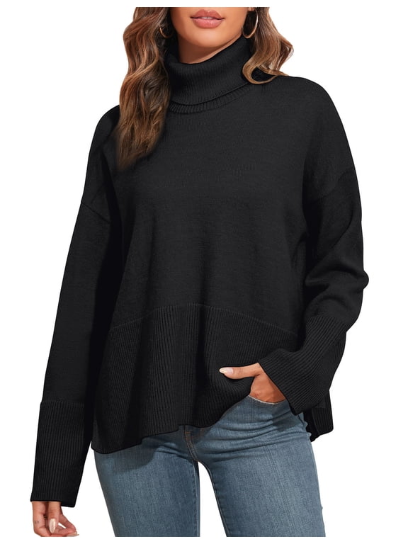 Women's Oversized Turtleneck Sweaters Casual Long Sleeve Side Slit Knit Tunic Pullover Sweater Tops