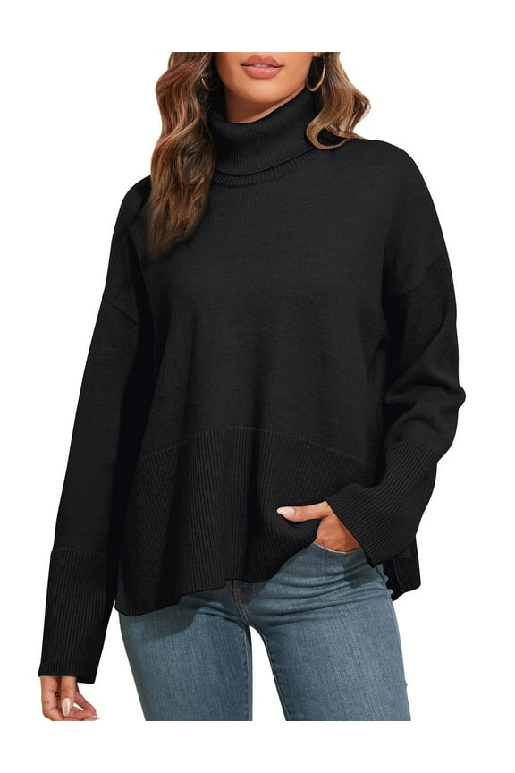 Women's Oversized Turtleneck Sweaters Casual Long Sleeve Side Slit Knit Tunic Pullover Sweater Tops