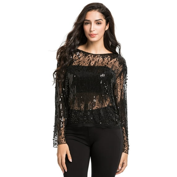PrettyGuide Women's Sequin Blouse See Through Party Tops Beaded Sparkly Shirts Black, XX-Large