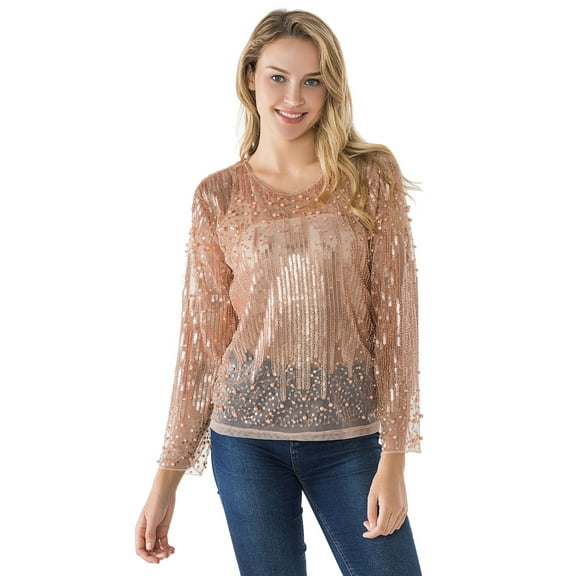 PrettyGuide Women's Sequin Blouse See Through Party Tops Beaded Sparkly Shirts Rose Gold, Medium