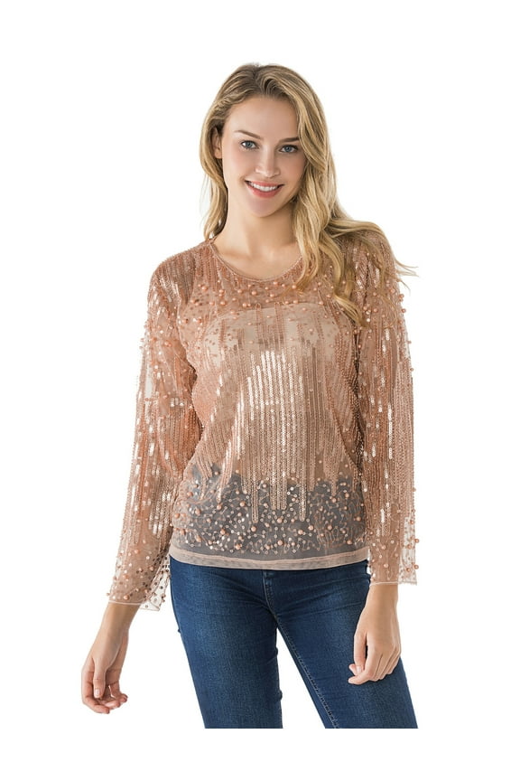 Women's Sequin Blouse See Through Party Tops Beaded Sparkly Shirts S Rose Gold