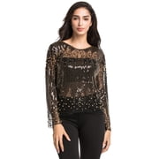 PrettyGuide Womens Sequin Blouse See Through Party Tops Beaded Sparkly Shirts XL Gold