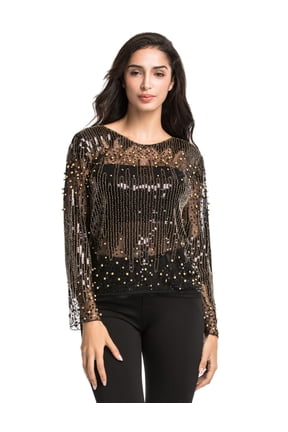 Women's Sequin Blouse See Through Party Tops Beaded Sparkly Shirts XL Gold