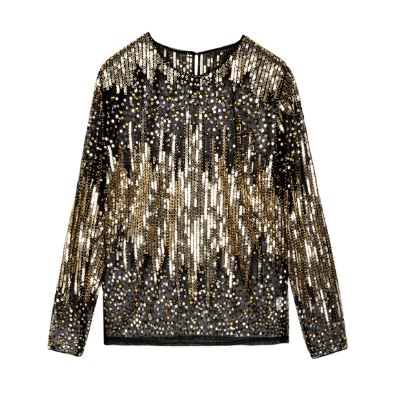 PrettyGuide Women's Sequin Blouse See Through Party Tops Beaded Sparkly Shirts