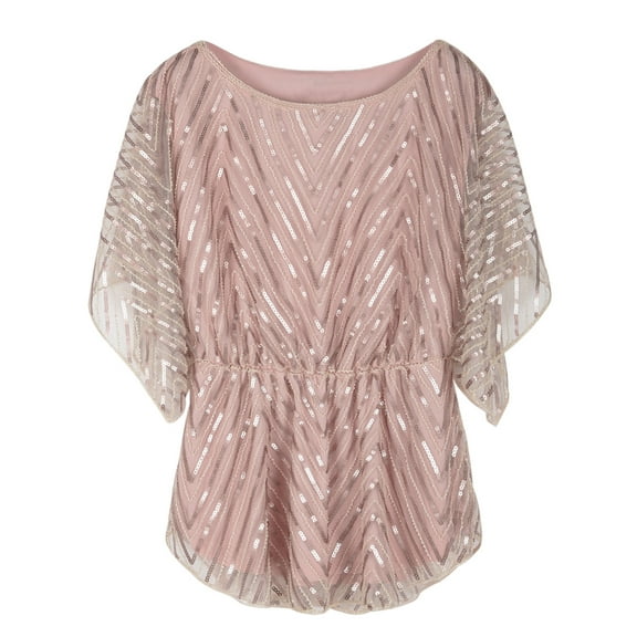 PrettyGuide Women's Sequin Blouse Tops Sparkly Beaded Evening Formal Party Dressy Tops, Medium