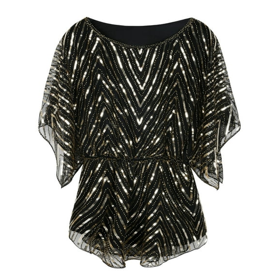 PrettyGuide Women's Sequin Blouse Tops Sparkly Beaded Evening Formal Party Dressy Tops