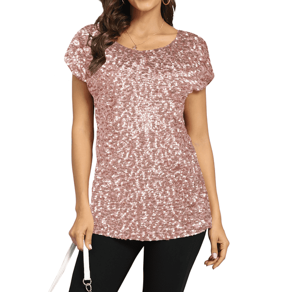 PrettyGuide Women's Sequin Top Shimmer Glitter Loose Bat Sleeve Party Tunic Tops, Large