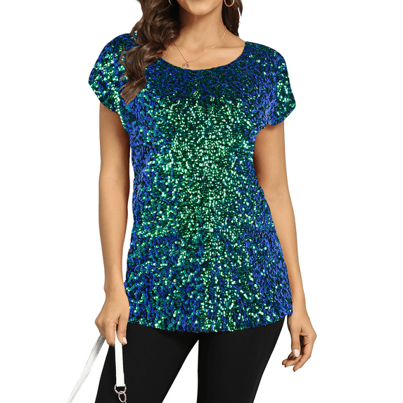 PrettyGuide Women's Sequin Top Shimmer Glitter Loose Bat Sleeve Party Tunic Tops, Medium