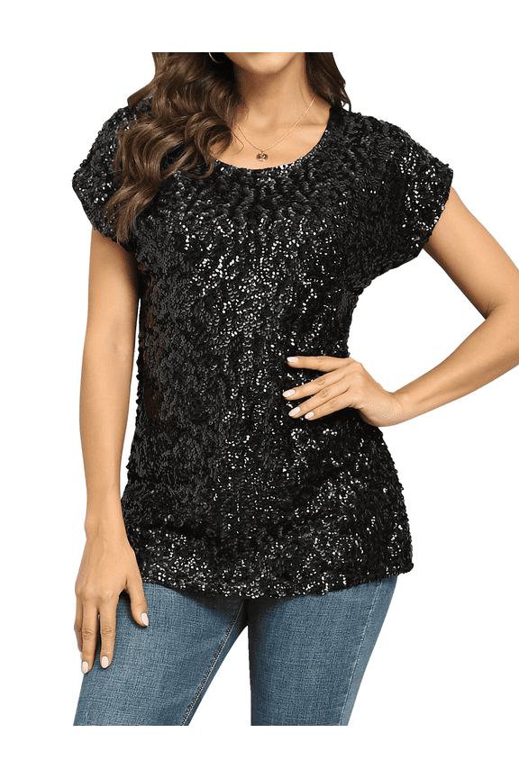 Women's Sequin Top Shimmer Glitter Loose Bat Sleeve Party Tunic Tops, Small