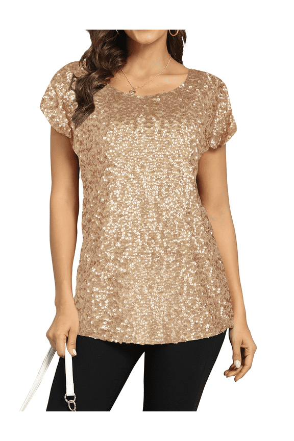 Women's Sequin Top Shimmer Glitter Loose Bat Sleeve Party Tunic Tops, X-Large
