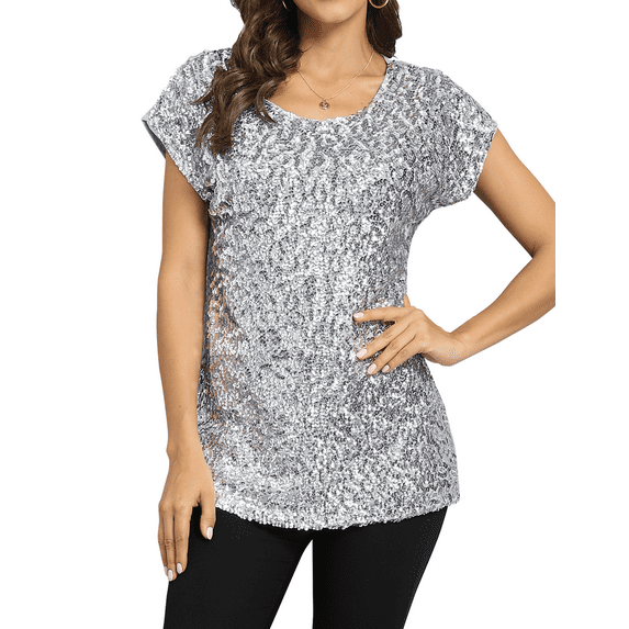 PrettyGuide Women's Sequin Top Shimmer Glitter Loose Bat Sleeve Party Tunic Tops