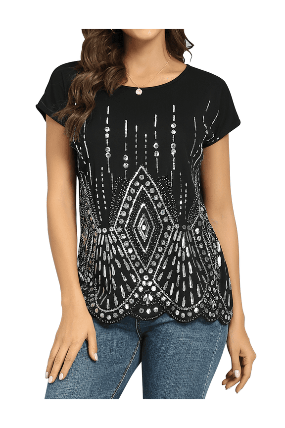Women's Sequin Top Shimmer Glitter Loose Bat Sleeve Party Tunic Tops