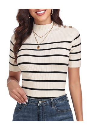 Women's Short Sleeve Sweater Tops Mock Neck with Button Pullover Shirt Slim Fit Lightweight Knit Sweater Blouse