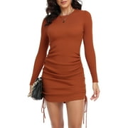 PrettyGuide Womens Short Sweater Dress Long Sleeve Ruched Side Drawstring Casual Rib Knit Bodycon Mini Dresses