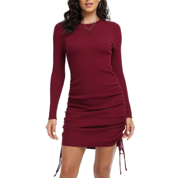 PrettyGuide Women's Short Sweater Dress Long Sleeve Ruched Side Drawstring Casual Rib Knit Bodycon Mini Dresses