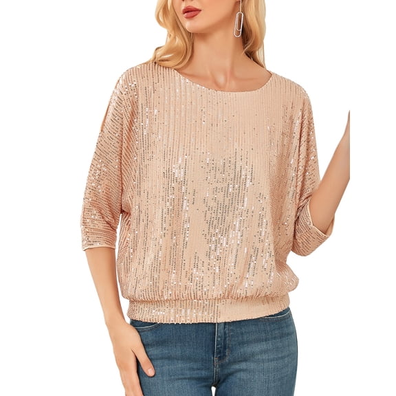 PrettyGuide Women's Sparkle Sequin Top Cold Shoulder 3/4 Batwing Sleeve Loose Shimmer Glitter Party Dressy Tops