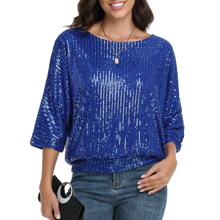 PrettyGuide Women s Sparkle Sequin Top Cold Shoulder 3 4 Batwing Sleeve Loose Shimmer Glitter Party Dressy Tops Walmart