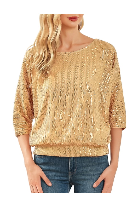 Women's Sparkle Sequin Top Cold Shoulder 3/4 Batwing Sleeve Loose Shimmer Glitter Party Dressy Tops
