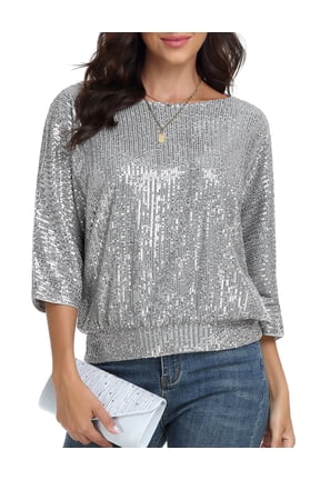 Women's Sparkle Sequin Top Cold Shoulder 3/4 Batwing Sleeve Loose Shimmer Glitter Party Dressy Tops