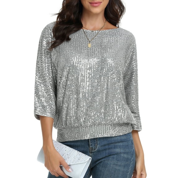 PrettyGuide Women's Sparkle Sequin Top Cold Shoulder 3/4 Batwing Sleeve Loose Shimmer Glitter Party Dressy Tops