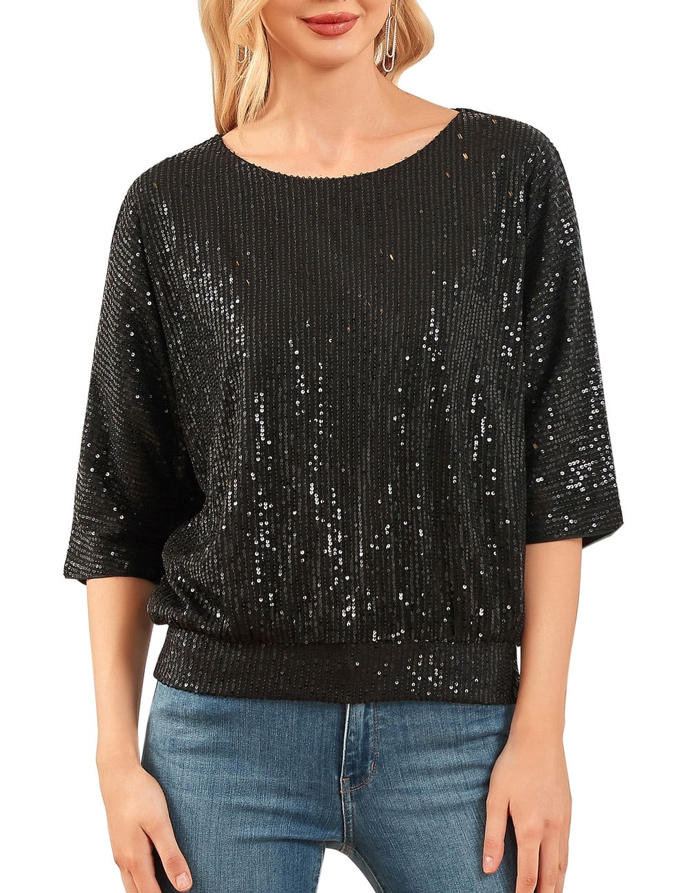 PrettyGuide Women's Sparkle Sequin Top Cold Shoulder 3/4 Batwing Sleeve